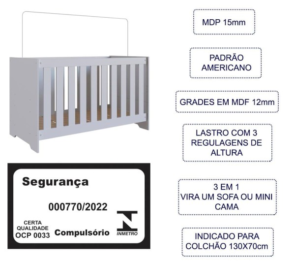Encontraproduto.com.br - Berço Americano Mini Cama 3 Em 1 Aconchego LA004 Branco Completa Moveis