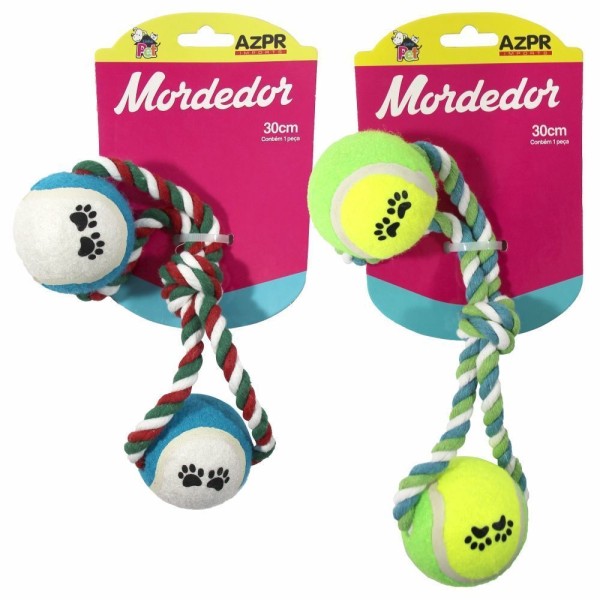 Encontraproduto.com.br - Mordedor Pet Com Corda Com 2 Bolinhas Azpr