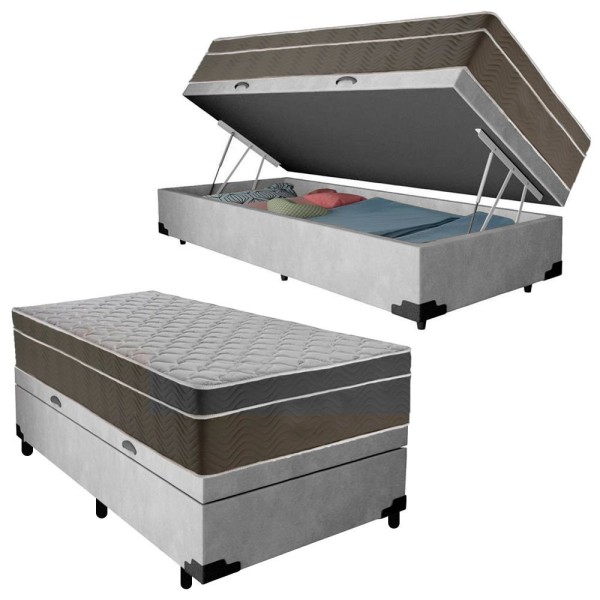 Encontraproduto.com.br - Cama Box Baú Suede Solteiro + Colchão Sereneprime Molas Ensacadas 88x188x69 Cor:cinza
