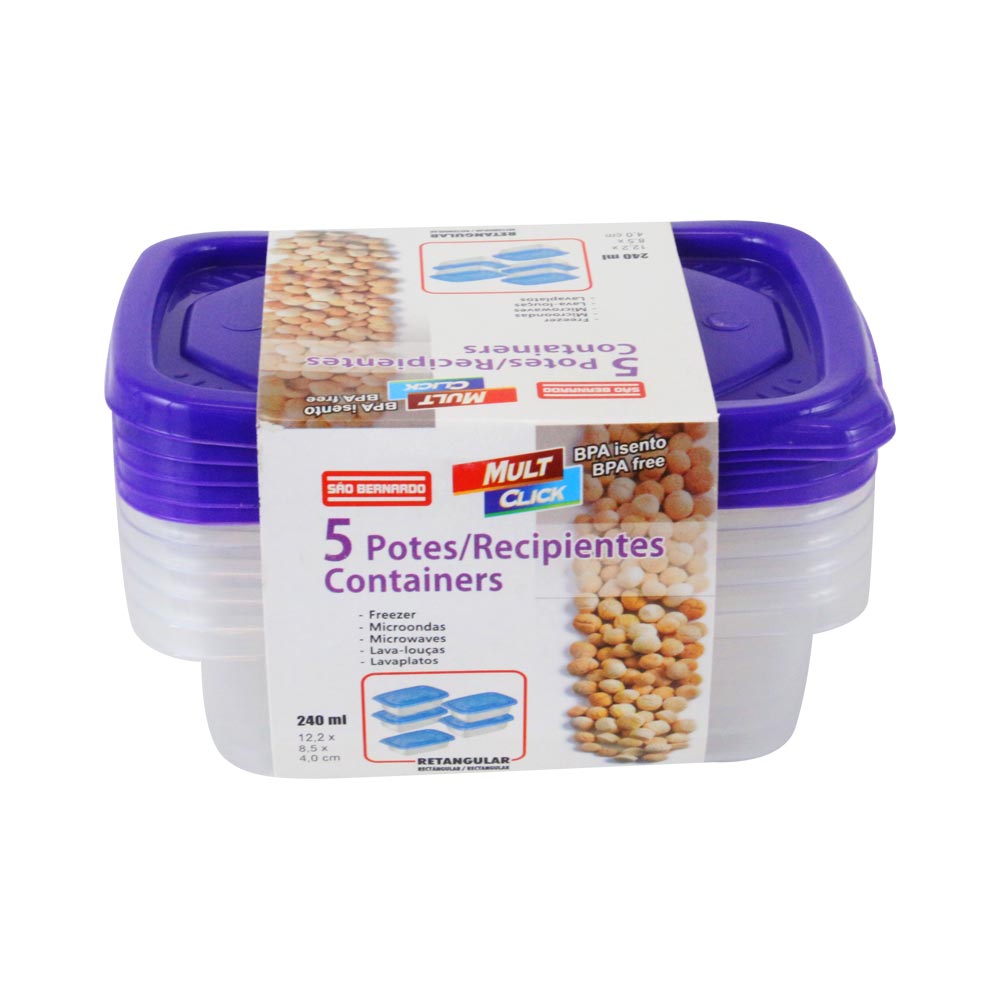 Encontraproduto.com.br - Conjunto de Potes São Bernardo em Plástico Retangular com 5 Peças 240ml - Item Sortido