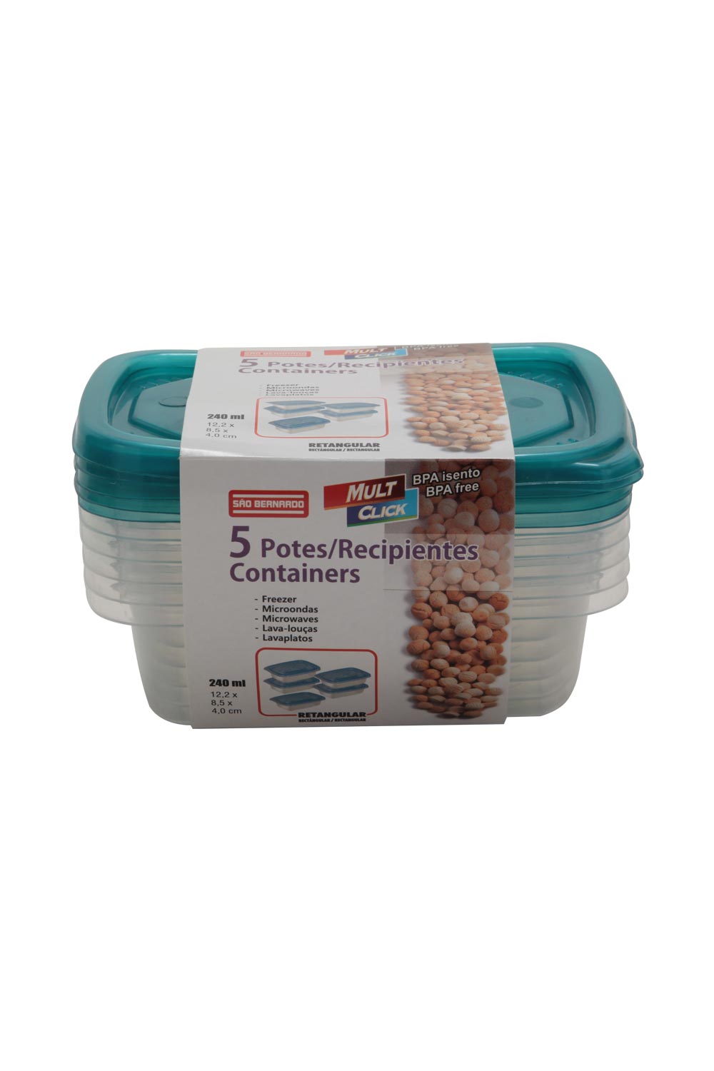 Encontraproduto.com.br - Conjunto de Potes São Bernardo em Plástico Retangular com 5 Peças 240ml - Item Sortido