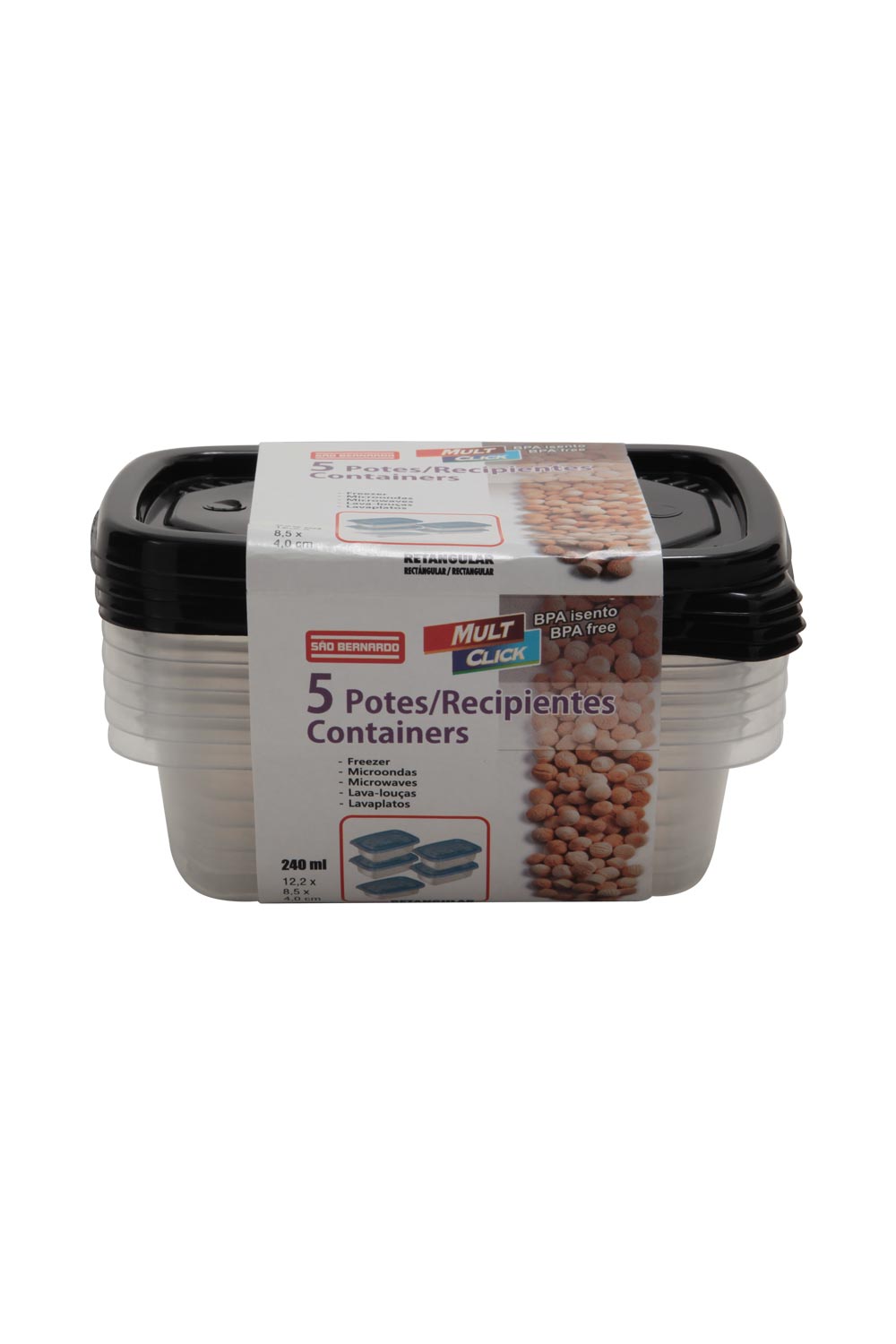 Encontraproduto.com.br - Conjunto de Potes São Bernardo em Plástico Retangular com 5 Peças 240ml - Item Sortido