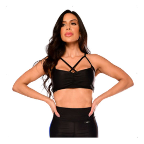 Encontraproduto.com.br - Top Fitness Feminino Tiras Frontais Preto