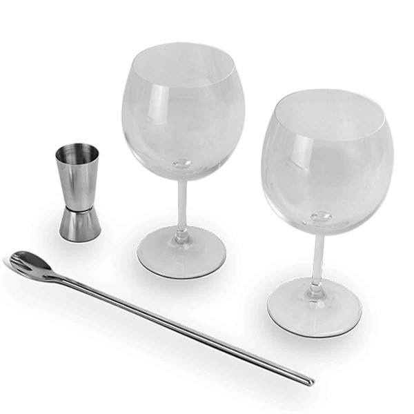 Encontraproduto.com.br - Kit Gin 4 Peças – 2 Taças 600 ml Dosador Colher Aço Inoxidável - Haus Concept