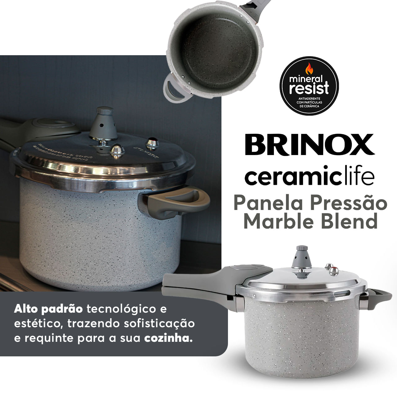 Encontraproduto.com.br - Panela de Pressão Brinox 4,2 L Antiaderente Ceramic Life Marble Blend com Indução Cinza Claro