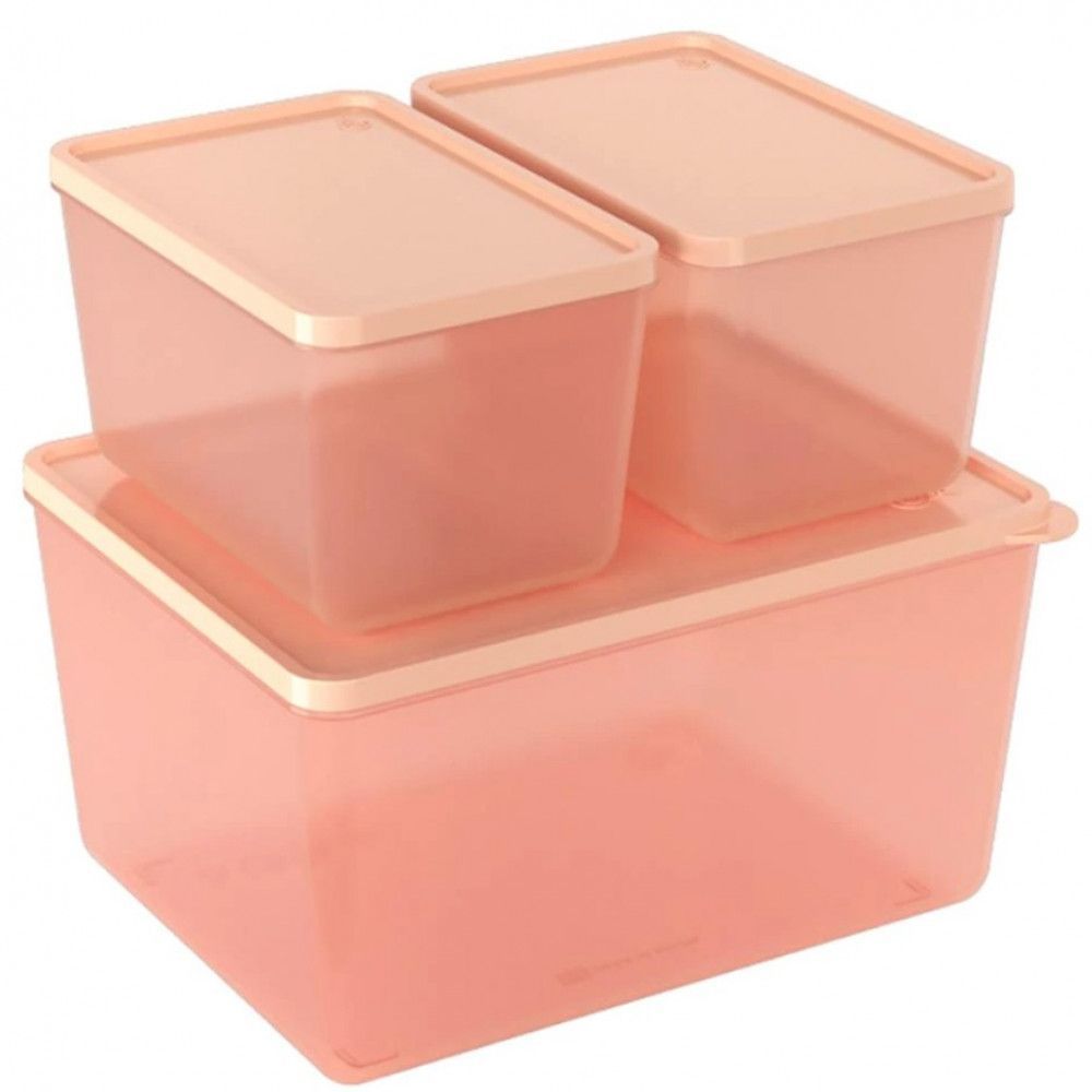 Encontraproduto.com.br - Conjunto De Potes Retangulares 3 Peças Coza Basic Em Polipropileno Rosa