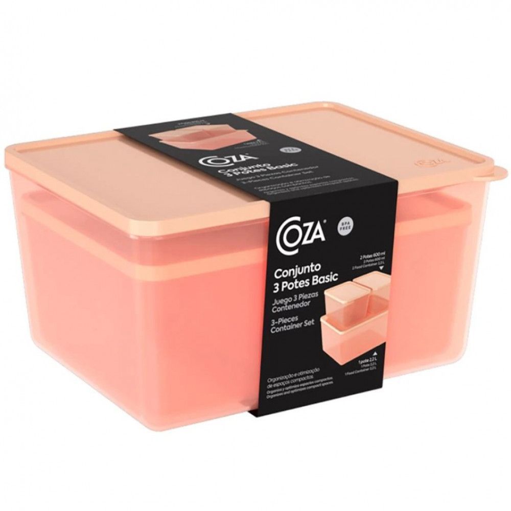 Encontraproduto.com.br - Conjunto De Potes Retangulares 3 Peças Coza Basic Em Polipropileno Rosa