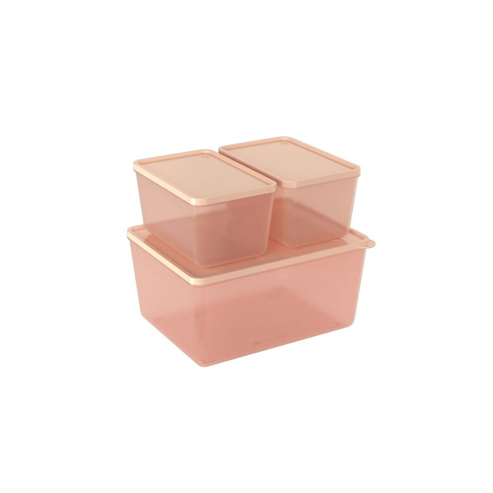 Encontraproduto.com.br - Conjunto De Potes Retangulares 3 Peças Coza Basic Em Polipropileno Rosa