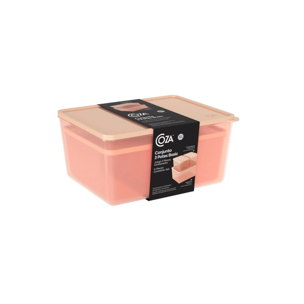 Encontraproduto.com.br - Conjunto De Potes Retangulares 3 Peças Coza Basic Em Polipropileno Rosa