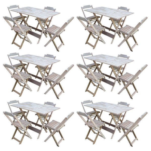 Kit 6 Conjuntos De Mesa Com 4 Cadeiras De Madeira Dobravel 120X70 Sem Pintura/Crua - Marrom