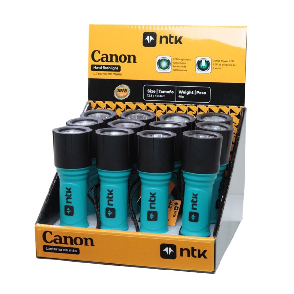 Encontraproduto.com.br - Lanterna de mão Canon de 100 lúmens a pilha (3x AAA) NTK - Embalagem com 12 peças