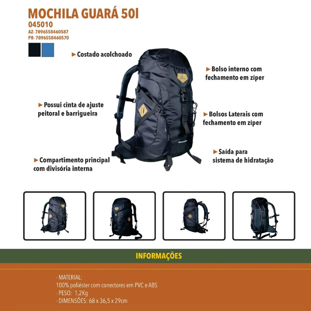 Encontraproduto.com.br - Mochila Guará 50 Litros Guepardo com Cinta Ajustável e Divisórias Internas