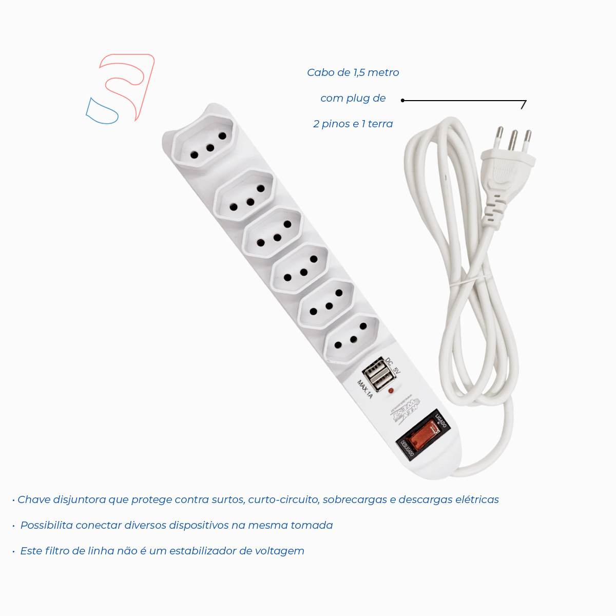 Encontraproduto.com.br - Filtro De Linha Branco Com 2 Usb 6 Tomadas 2 Pinos + Tomada 10a 1.5m Key West