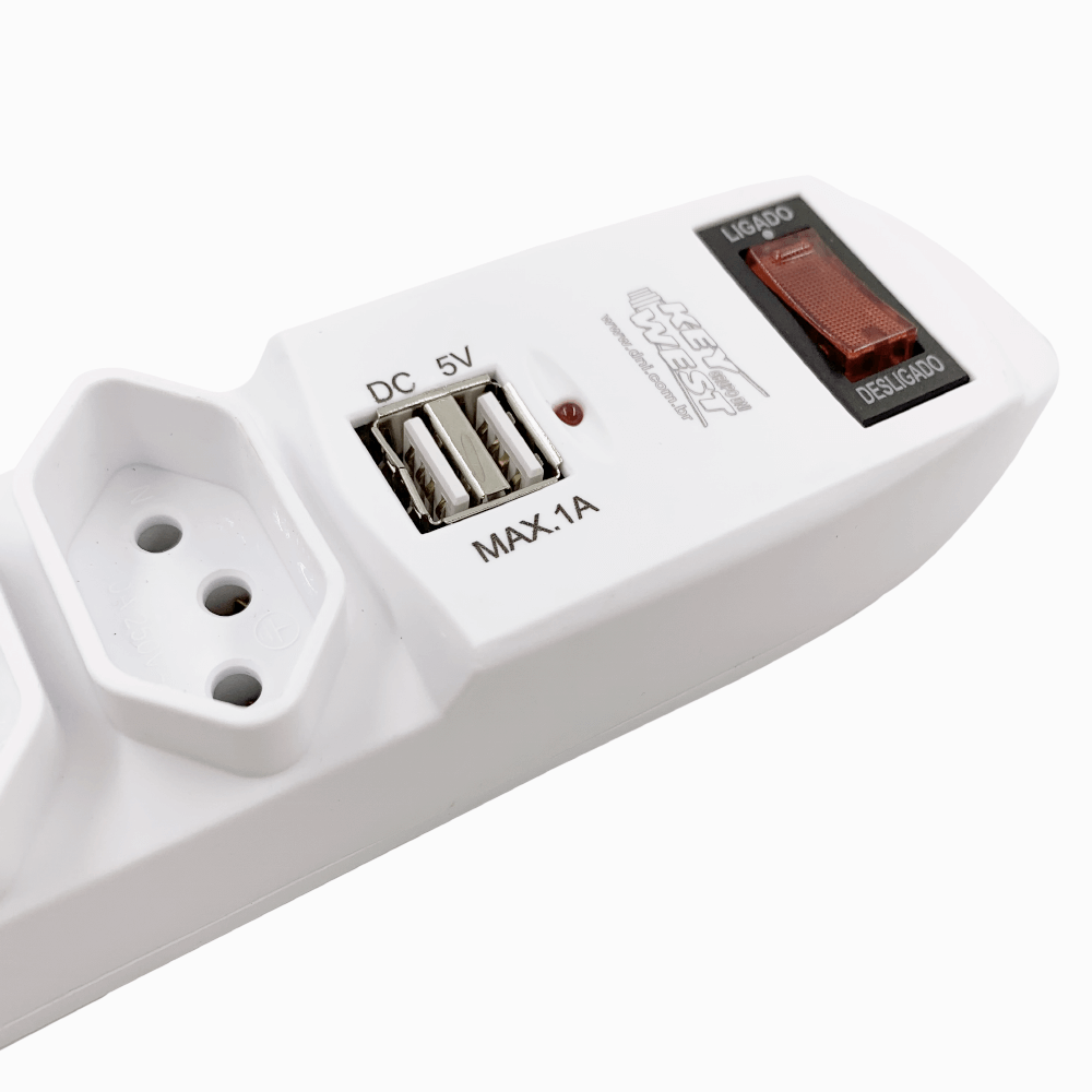 Encontraproduto.com.br - Filtro De Linha Branco Com 2 Usb 6 Tomadas 2 Pinos + Tomada 10a 1.5m Key West