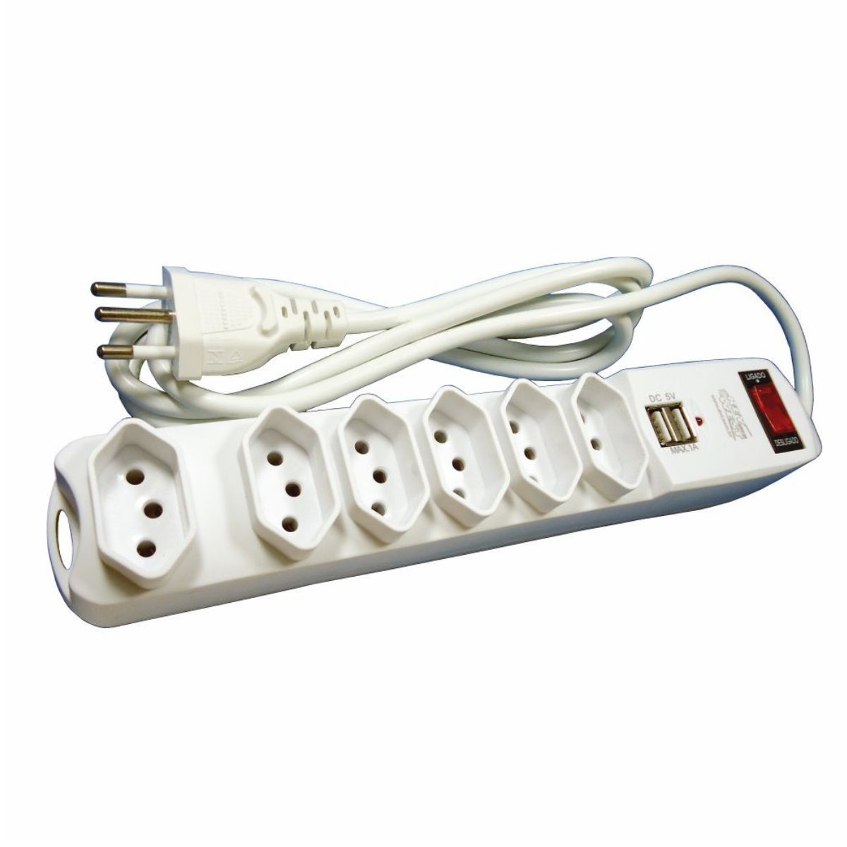 Encontraproduto.com.br - Filtro De Linha Branco Com 2 Usb 6 Tomadas 2 Pinos + Tomada 10a 1.5m Key West