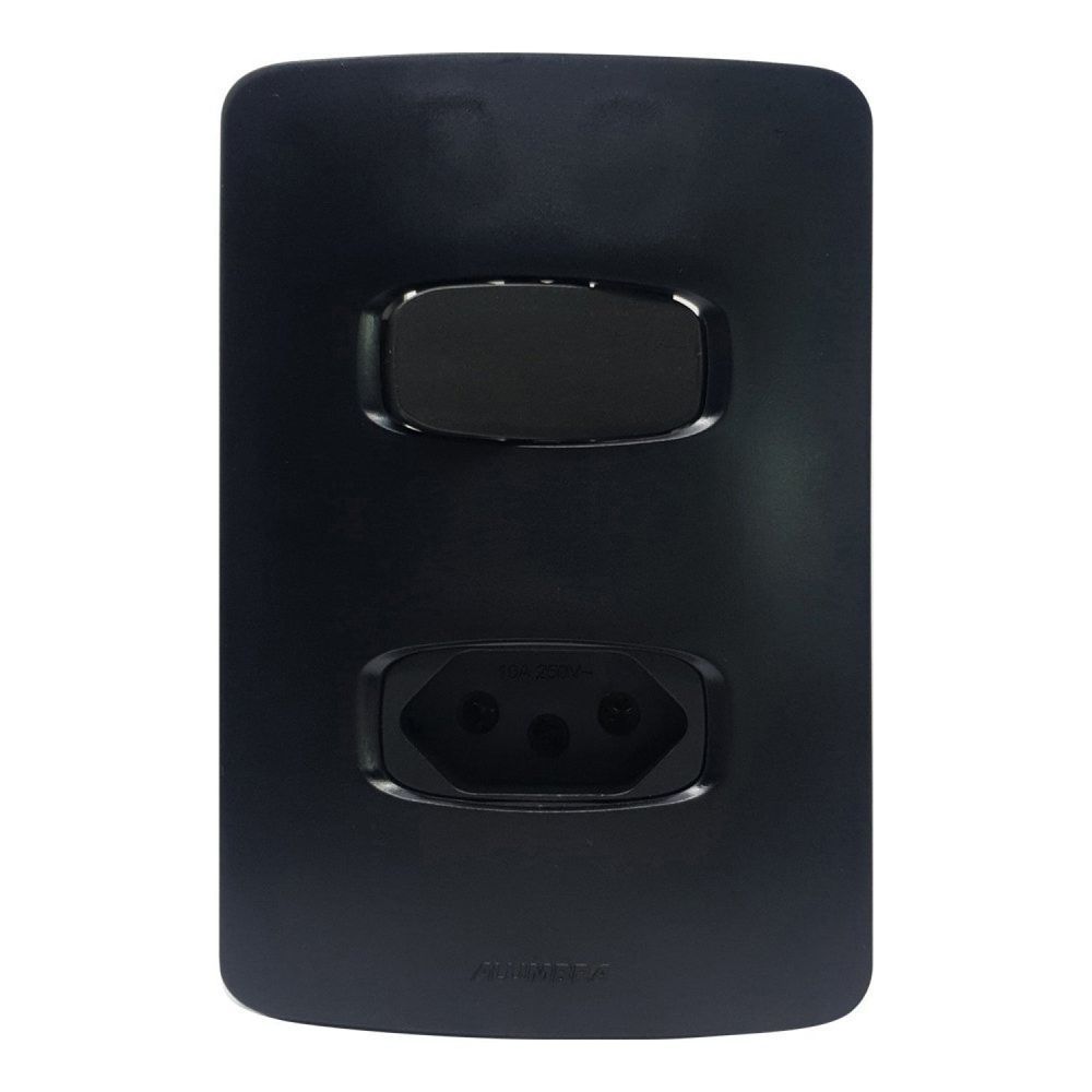 Encontraproduto.com.br - Interruptor Alumbra 4x2 Simples + Tomada Padrão com Placa 20A NBR Gracia Maxx Preto