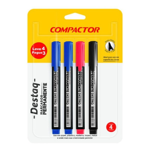 Encontraproduto.com.br - Marcador Permanente Destaq 2 Azuis/1 Vermelho/1 Preto - Compactor