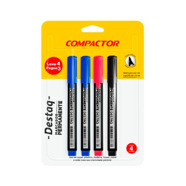 Encontraproduto.com.br - Marcador Permanente Destaq 2 Azuis/1 Vermelho/1 Preto - Compactor