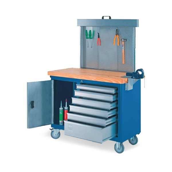 Encontraproduto.com.br - Bancada móvel com Painel perfurado Tampo de pinus 40mm e Suporte para morsa 500BMP CMB
