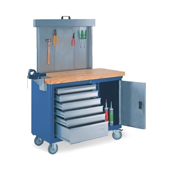 Encontraproduto.com.br - Bancada móvel com Painel perfurado Tampo de pinus 40mm e Suporte para morsa 500BMP CMB