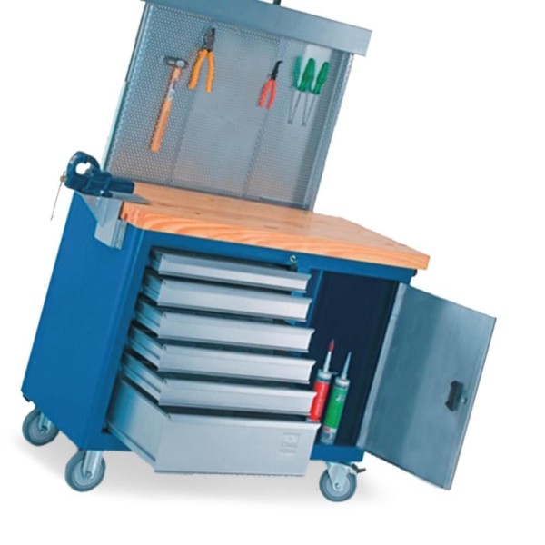 Encontraproduto.com.br - Bancada móvel com Painel perfurado Tampo de pinus 40mm e Suporte para morsa 500BMP CMB