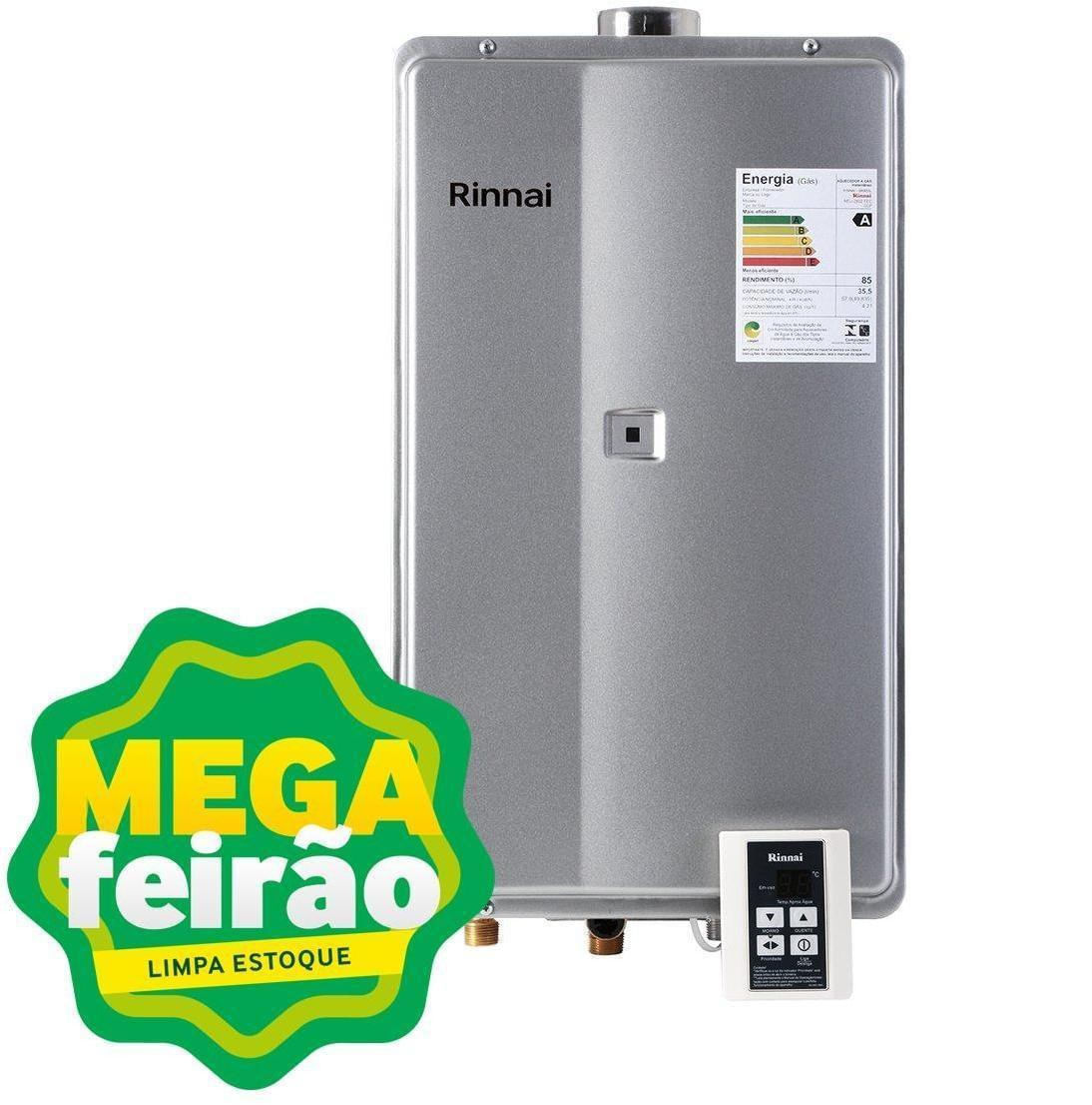 Aquecedor de Água a Gás GN Gás Natural Rinnai A2802fec Eletrônico 56,5KW Prata Bivolt