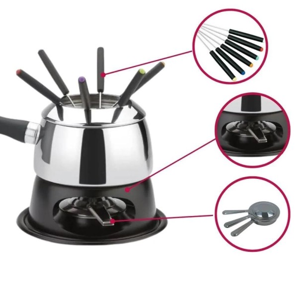 Encontraproduto.com.br - Aparelho De Fondue Inox 1,4 Litros Cervinia Difusor 12 Peças Para Fondue Com óleo Carnes Frango Kit