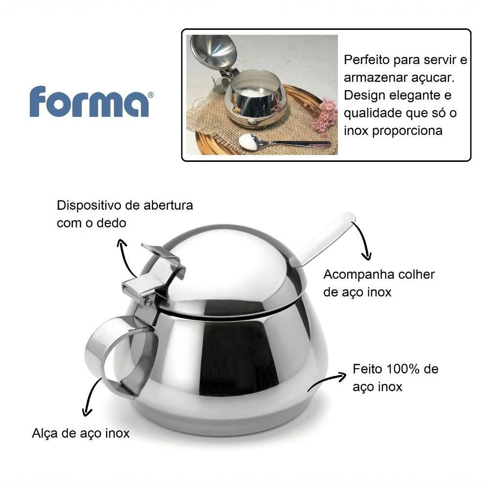 Encontraproduto.com.br - Açucareiro 250g Com Tampa E Colher Porta Açúcar Lyr Aço Inox