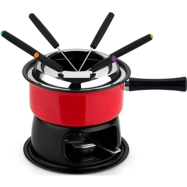 Aparelho De Fondue Vermelho Esmaltado 12 Pç Queijo Chocolate