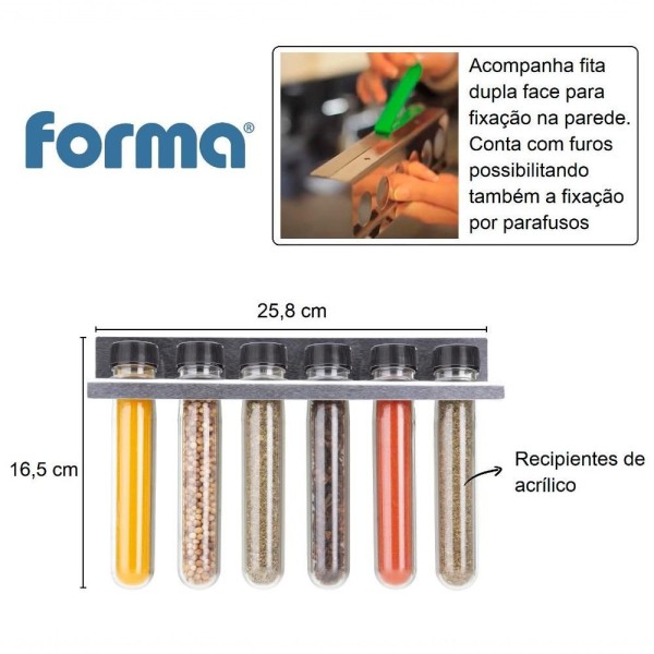 Encontraproduto.com.br - Porta Condimentos Plástico Com Suporte De Parede Cozinha Com 6 Tubetes Para Temperos Forma