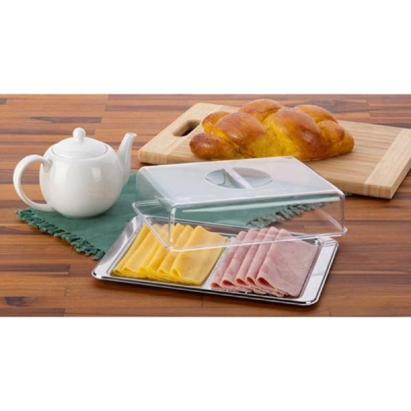 Encontraproduto.com.br - Porta Frios Multiuso Bandeja Inox Duas Divisória Retangular