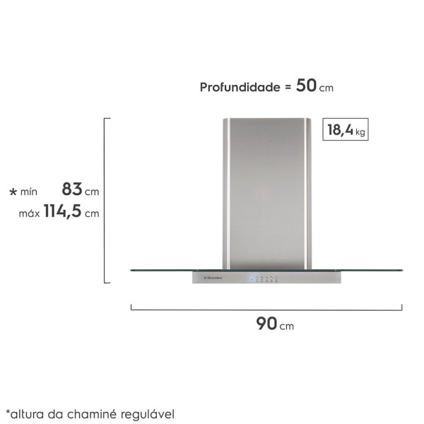 Encontraproduto.com.br - Coifa de Parede Electrolux 90cm com Campana de Vidro (90CVS) - Inox, Filtro de Carvão Ativado