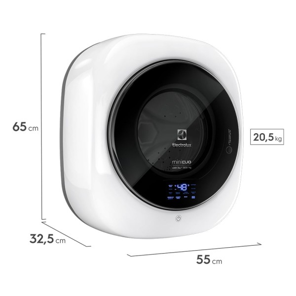 Encontraproduto.com.br - Mini Lava e Seca Electrolux 3kg Branca Compacta de Parede com Água Quente (LSE03)