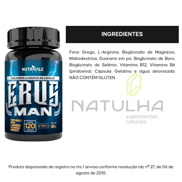 Encontraproduto.com.br - ERUS MAN ( Feno Grego, Boro, Arginina e Vitaminas) 120 cápsulas - Nutrivale