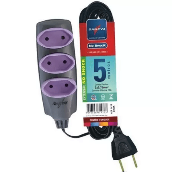 Encontraproduto.com.br - Extensão Elétrica No Shock 3 Metros 45+Terra 2P+T 10A/250V~ com 3 Tomadas Cor Gelo 1712 Daneva