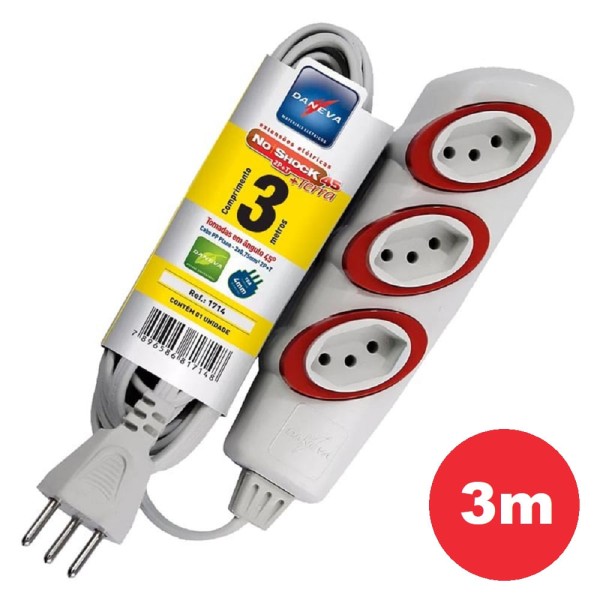Encontraproduto.com.br - Extensão Elétrica No Shock 3 Metros 45+Terra 2P+T 10A/250V~ com 3 Tomadas Cor Gelo 1712 Daneva