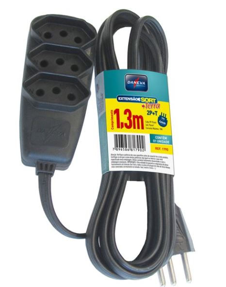 Encontraproduto.com.br - Extensão Sort 1,3M PP 3x0,75 2P+T 10A Preta Daneva Pial