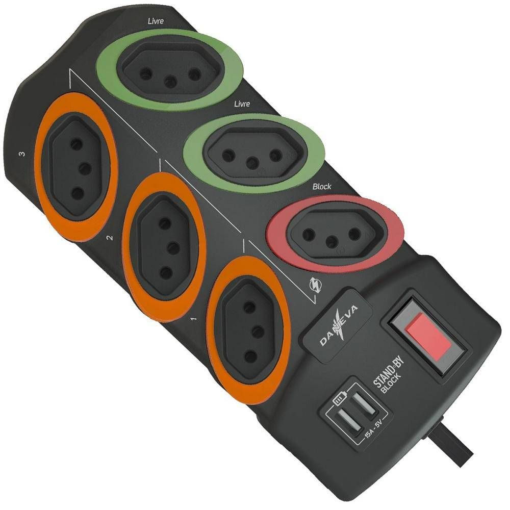 Encontraproduto.com.br - Filtro De Linha 6 Tomadas 2P+T Com 2 USB PVC Com Bloqueador Stand By Grafite Daneva