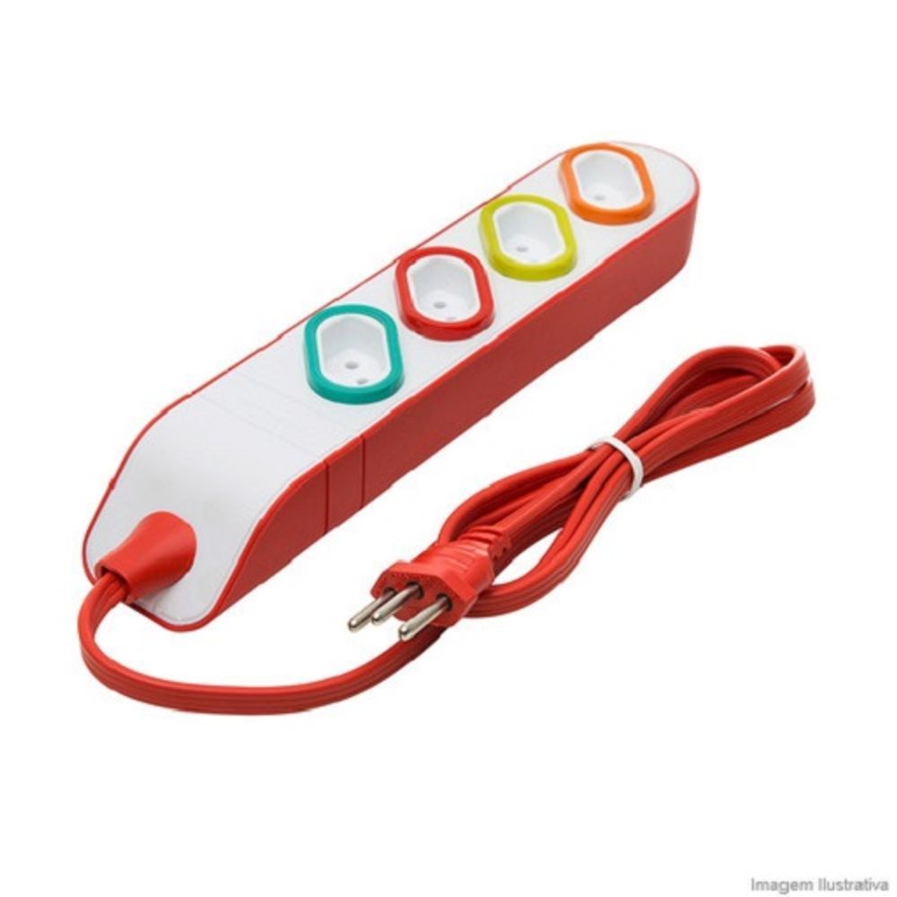 Encontraproduto.com.br - Extensão Mult 4 Tomadas Vermelho 2P+T 10A 3 Metros DN1845 Daneva
