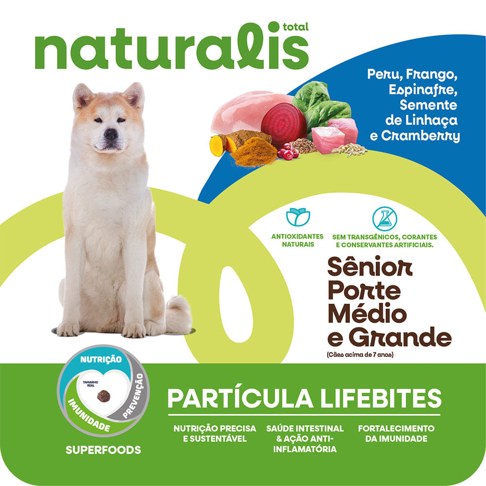 Encontraproduto.com.br - Ração Naturalis Lifebites Cães Sênior Porte Médio e Grande Peru, Frango, Legumes e Frutas