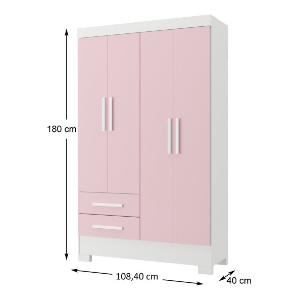 Encontraproduto.com.br - Guarda Roupa Infantil 4 Portas e 2 Gavetas Tic Tac Branco/Rosa
