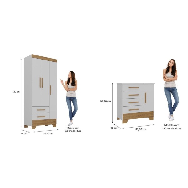 Encontraproduto.com.br - Quarto Infantil Completo Guarda Roupa 3 Portas 2 Gavetas com Cômoda Selene Espresso Móveis Branco Fosco/Nature
