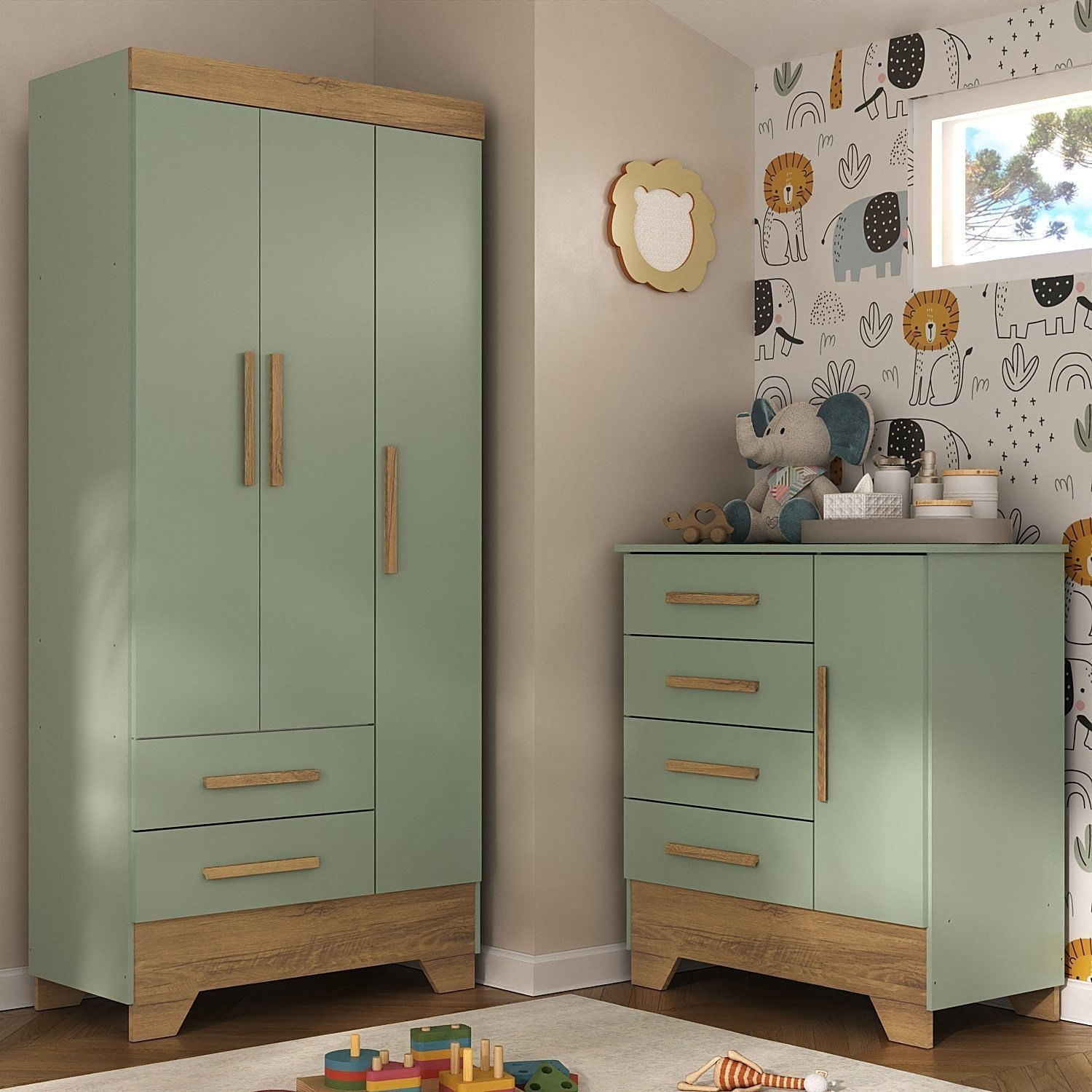 Quarto Infantil Completo Guarda Roupa 3 Portas 2 Gavetas com Cômoda Selene Espresso Móveis Verde Fosco/Nature