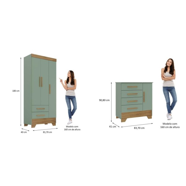 Encontraproduto.com.br - Quarto Infantil Completo Guarda Roupa 3 Portas 2 Gavetas com Cômoda Selene Espresso Móveis Verde Fosco/Nature