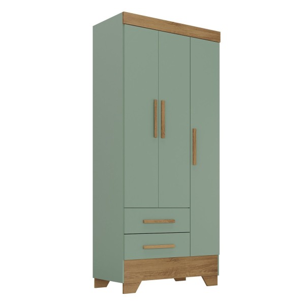 Encontraproduto.com.br - Quarto Infantil Completo Guarda Roupa 3 Portas 2 Gavetas com Cômoda Selene Espresso Móveis Verde Fosco/Nature