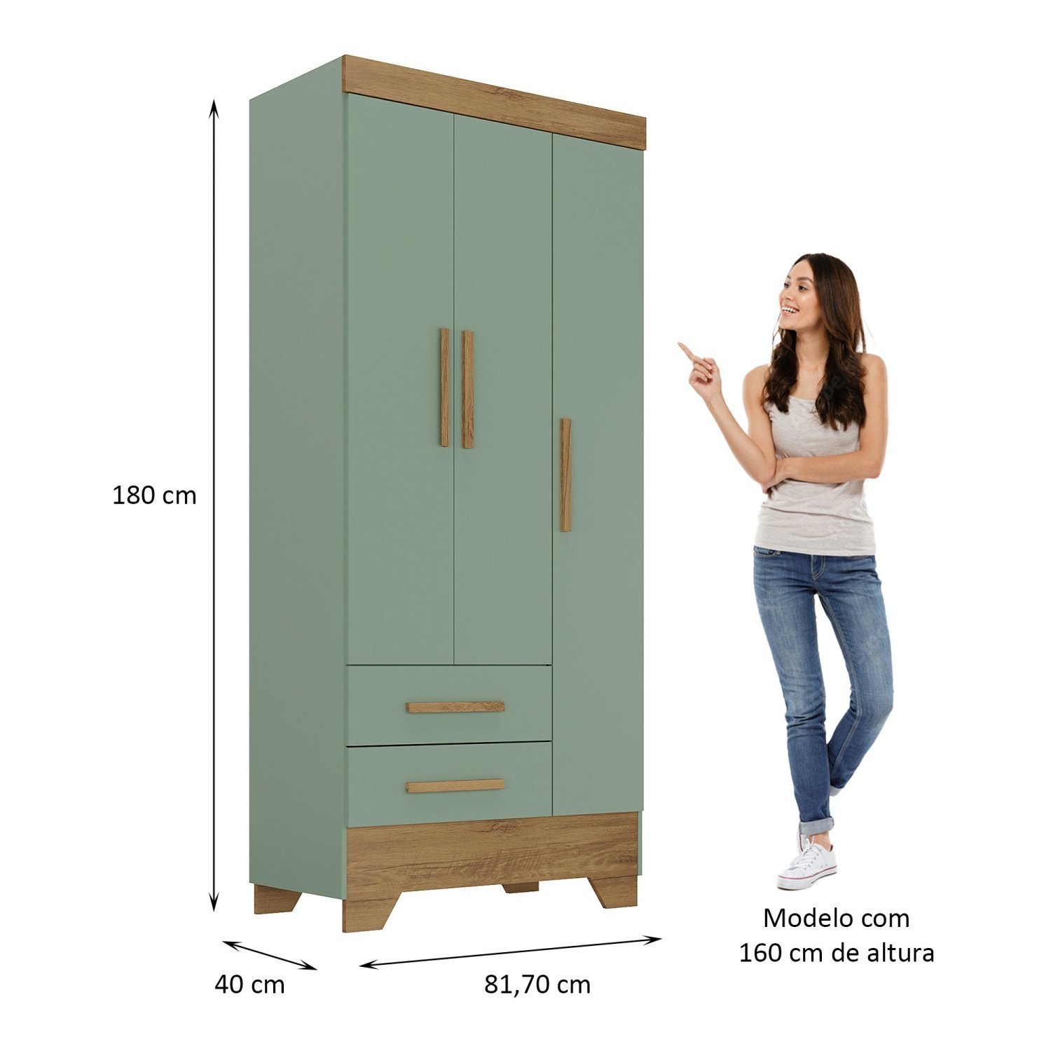 Encontraproduto.com.br - Quarto Infantil Completo Guarda Roupa 3 Portas 2 Gavetas com Cômoda Selene Espresso Móveis Verde Fosco/Nature