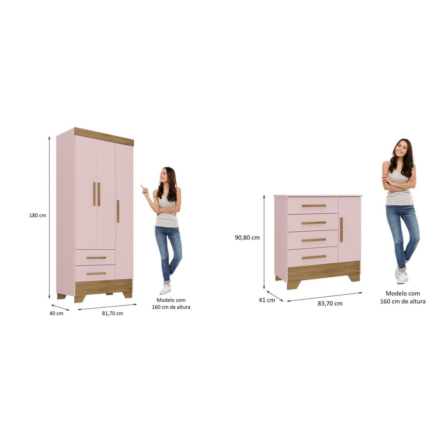 Encontraproduto.com.br - Quarto Infantil Completo Guarda Roupa 3 Portas 2 Gavetas com Cômoda Selene Espresso Móveis Rosa Fosco/Nature