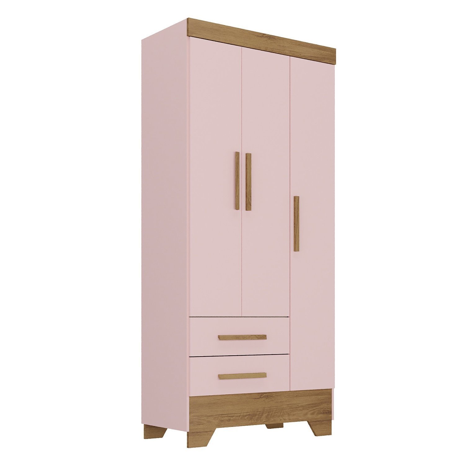 Encontraproduto.com.br - Quarto Infantil Completo Guarda Roupa 3 Portas 2 Gavetas com Cômoda Selene Espresso Móveis Rosa Fosco/Nature
