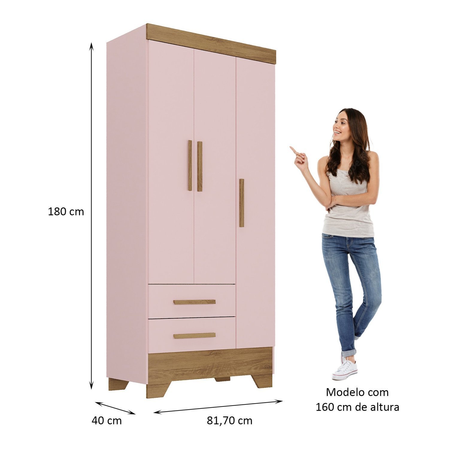 Encontraproduto.com.br - Quarto Infantil Completo Guarda Roupa 3 Portas 2 Gavetas com Cômoda Selene Espresso Móveis Rosa Fosco/Nature