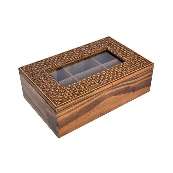 Encontraproduto.com.br - Caixa de Chá em Madeira Pinus Decorglass com 6 Divisórias